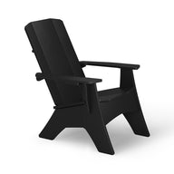 A side view of the Mainstay Ultimate Adirondack chair by Ledge Lounger, featuring a sleek design in black, ideal for outdoor lounging with its high backrest and wide armrests, set against a plain white background.