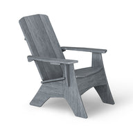 The Mainstay Ultimate Adirondack by Ledge Lounger, shown from the side against a white background, is an ideal outdoor lounge chair with a grey wooden finish, featuring a slanted backrest and wide armrests.