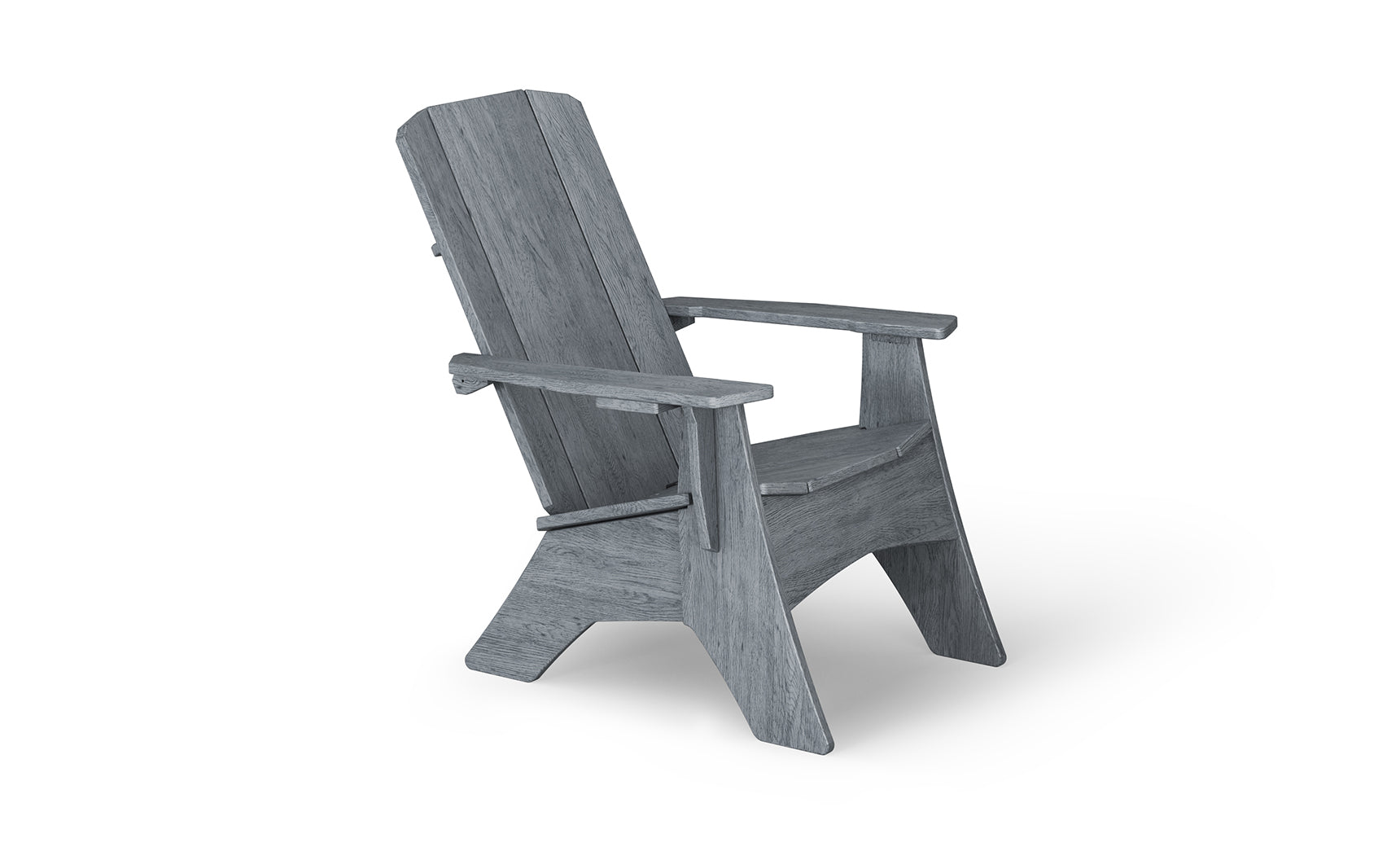 The Mainstay Ultimate Adirondack by Ledge Lounger, shown from the side against a white background, is an ideal outdoor lounge chair with a grey wooden finish, featuring a slanted backrest and wide armrests.