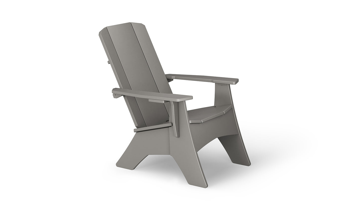 Side view of the Mainstay Ultimate Adirondack by Ledge Lounger, a gray outdoor lounge chair with wide armrests and a slatted back, featuring a slightly reclined backrest and sturdy minimalist design on a white background.