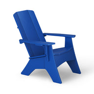 The Mainstay Ultimate Adirondack by Ledge Lounger, a blue outdoor lounge chair, features a high backrest and wide armrests. It is viewed from the side against a plain white background.