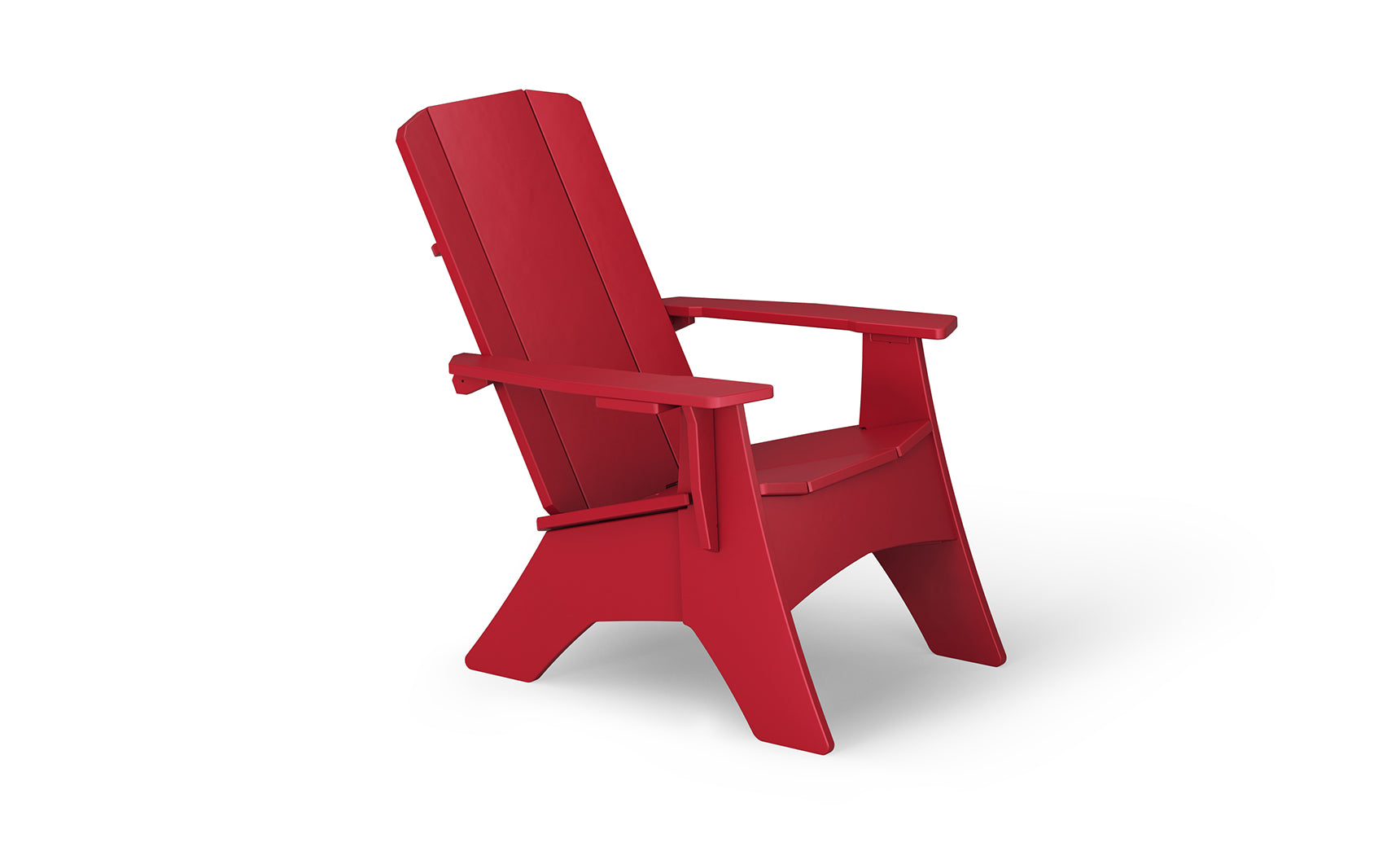 The Mainstay Ultimate Adirondack by Ledge Lounger features a wide slatted back and seat, viewed from a three-quarter angle. With broad armrests and a sturdy design, this red outdoor lounge chair stands elegantly against a plain white background.
