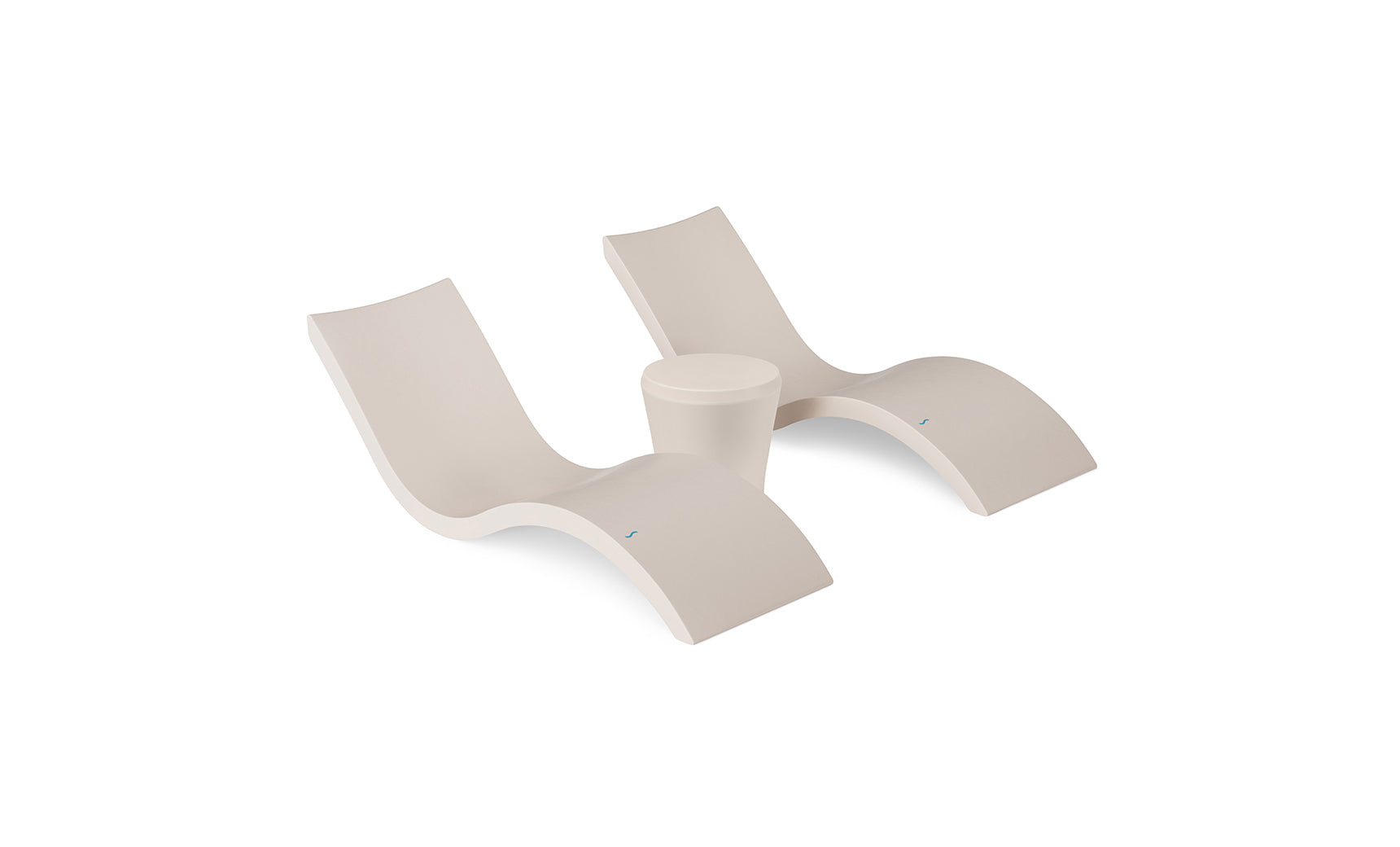 The Ledge Lounger Signature Chaise and Affinity Side Table In-Pool Set features two modern white curved chaises and a matching table on a plain white background—ideal for stylish poolside relaxation.