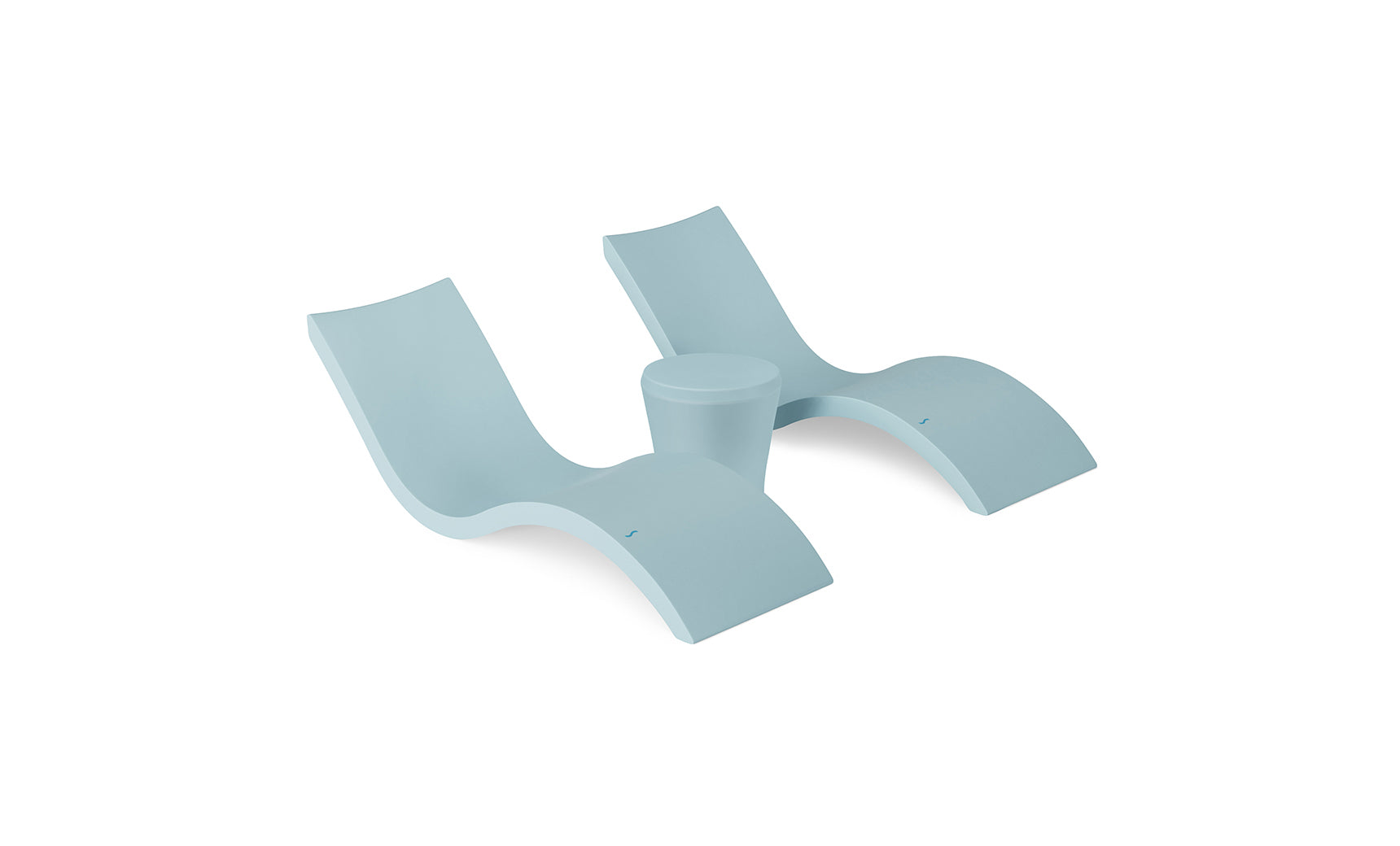 The Ledge Lounger Signature Chaise and Affinity Side Table In-Pool Set features two modern light blue chaise loungers with curved designs and a matching side table—perfect poolside essentials for relaxing in style against a white background.