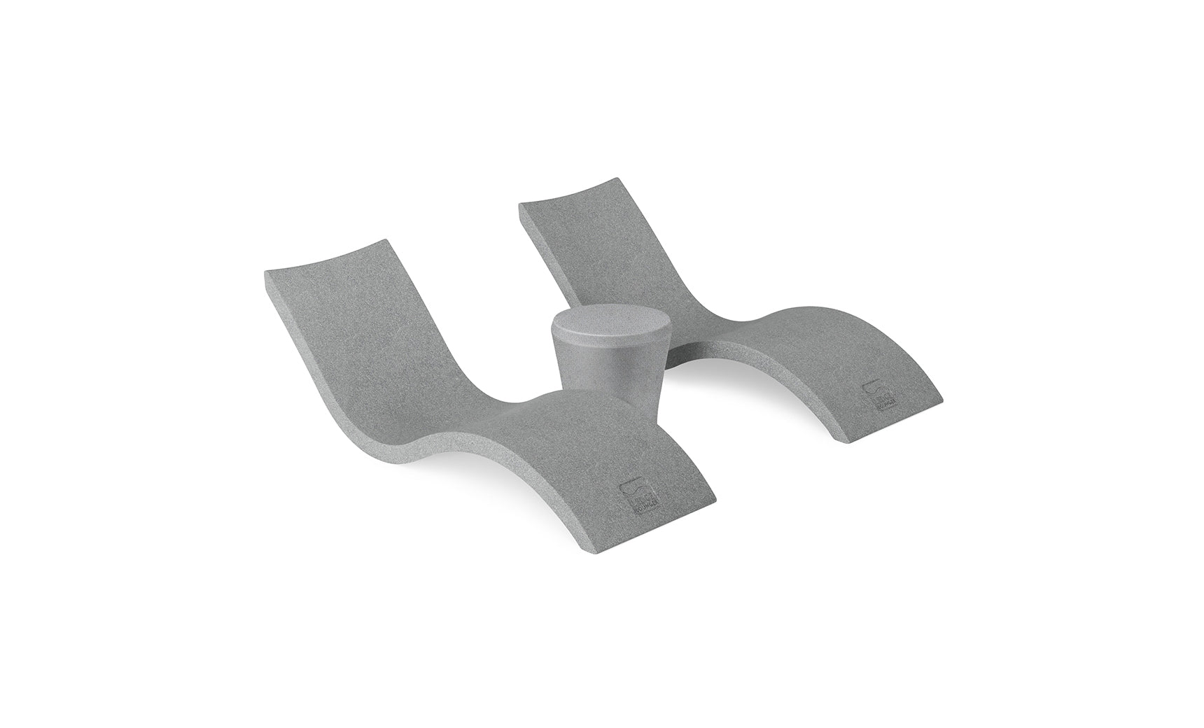 The Ledge Lounger Signature Chaise and Affinity Side Table In-Pool Set features two modern gray wave-shaped loungers with a side table between them, displayed on a white background.