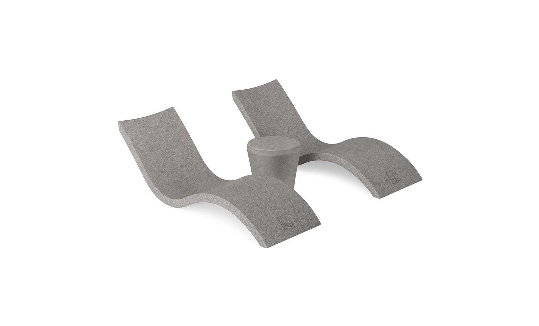 The Ledge Lounger Signature Chaise and Affinity Side Table In-Pool Set features two sleek gray curved loungers paired with a stylish side table, all displayed against a plain white background.