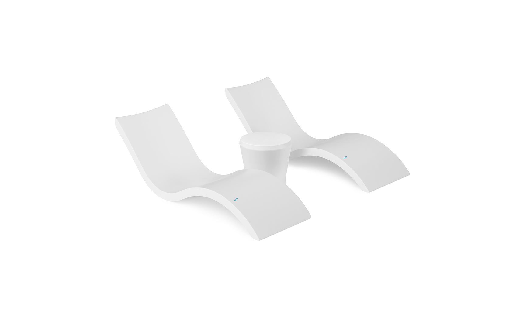 The Ledge Lounger Signature Chaise and Affinity Side Table In-Pool Set features two modern white loungers with curved designs and a side table arranged on a plain white background.