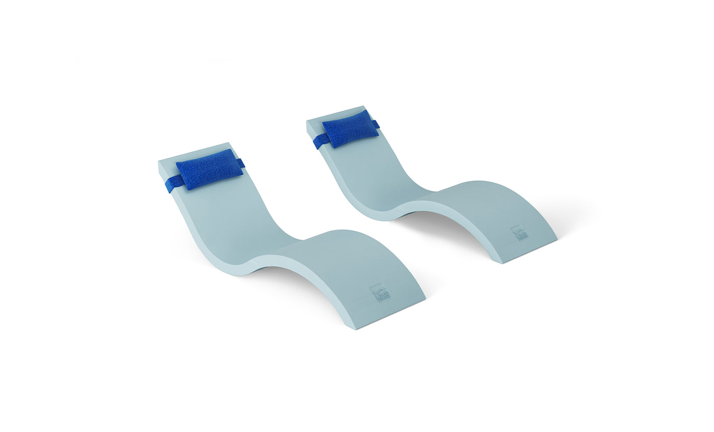 Two light blue, ergonomic foam blocks with attached straps from the Ledge Loungers Outdoor Escape In-Pool Furniture Bundle resemble chaise lounges on a white background, designed for support or exercise.