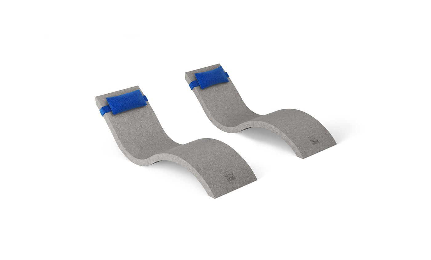 Two gray, S-shaped shoe holders with blue padded straps rest on a white background, featuring a design reminiscent of Ledge Loungers Outdoor Escape In-Pool Furniture Bundles Signature Chaise, complete with a curved base and an upright section for supporting shoes.