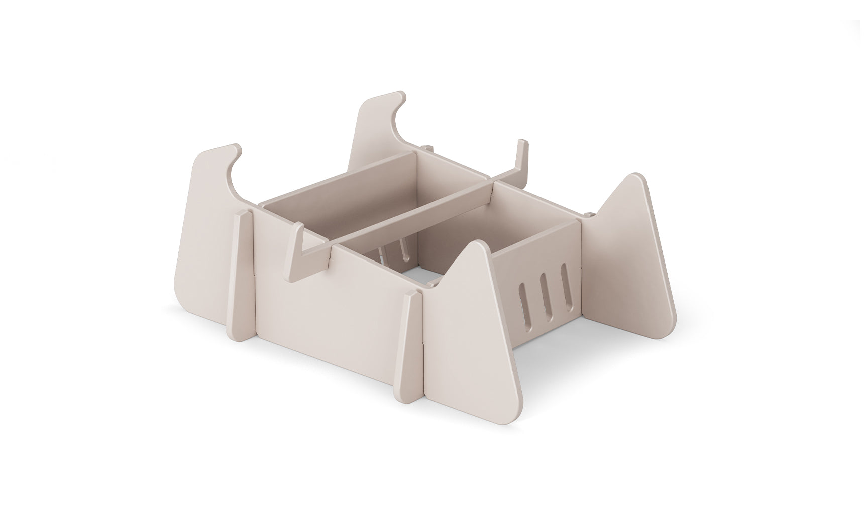 A beige, rectangular modular desk organizer with open compartments and vertical dividers, made from flat interlocking panels—perfect for organizing paperwork after a day relaxing on Ledge Lounger Signature Chaise Deep Riser.