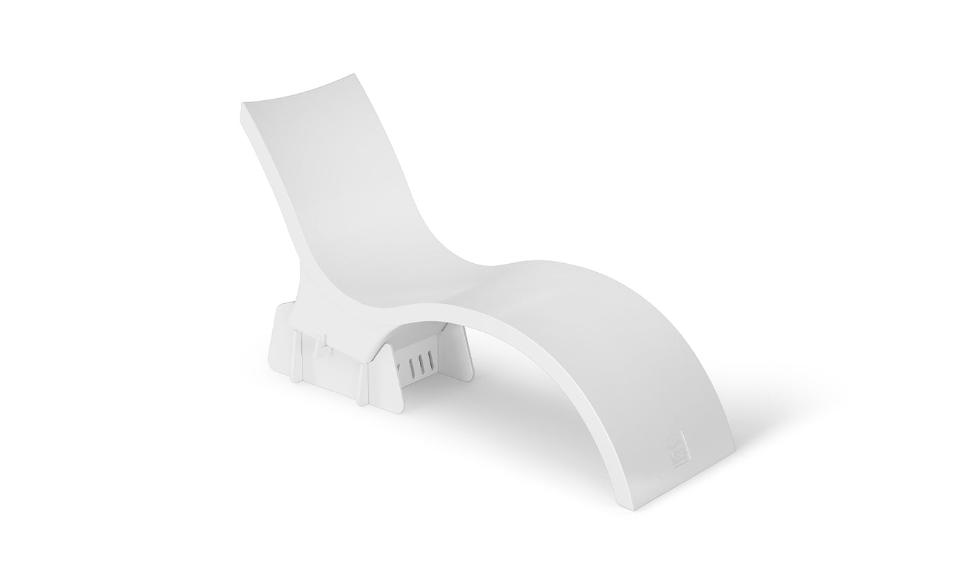 The Ledge Lounger Signature Chaise Deep Riser is a modern white curved lounge chair with a smooth, minimalist design—ideal as an in-pool seat for stylish outdoor relaxation. Shown on a plain white background.
