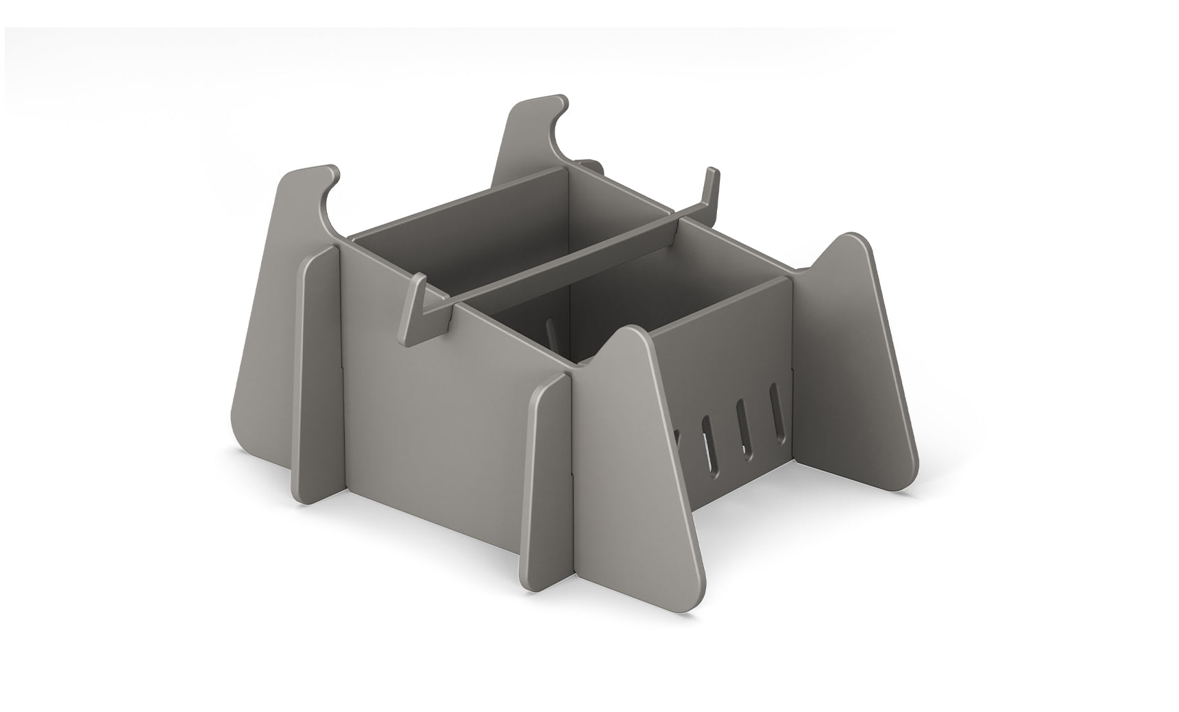 The Signature Chaise Deep Riser by Ledge Lounger is a gray, rectangular modular organizer with four upright side panels, two compartments, and a horizontal divider with a handle—ideal for organizing accessories outdoors.