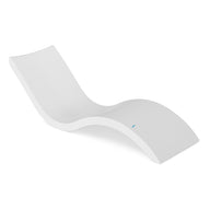 Relax poolside with the Signature Chaise by Ledge Lounger. This sleek, modern white lounger has an ergonomic S-shaped design with clean lines and a subtle blue seat accent, enhancing its minimalist style on a plain white background.