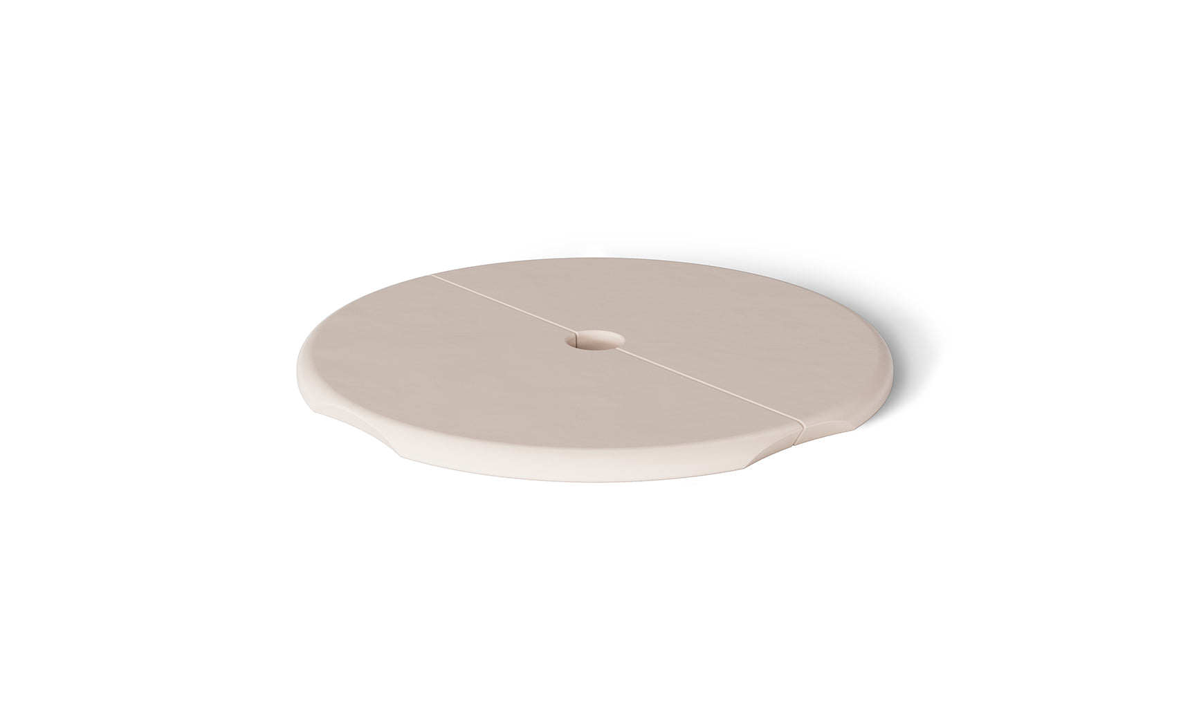A beige, round ceramic saucer with a central hole and subtle grooves resembles the Ledge Loungers Signature Side Table Lid with Umbrella Hole. Displayed on a plain white background, it features a smooth surface and slightly raised edges, adding elegance to any poolside collection.