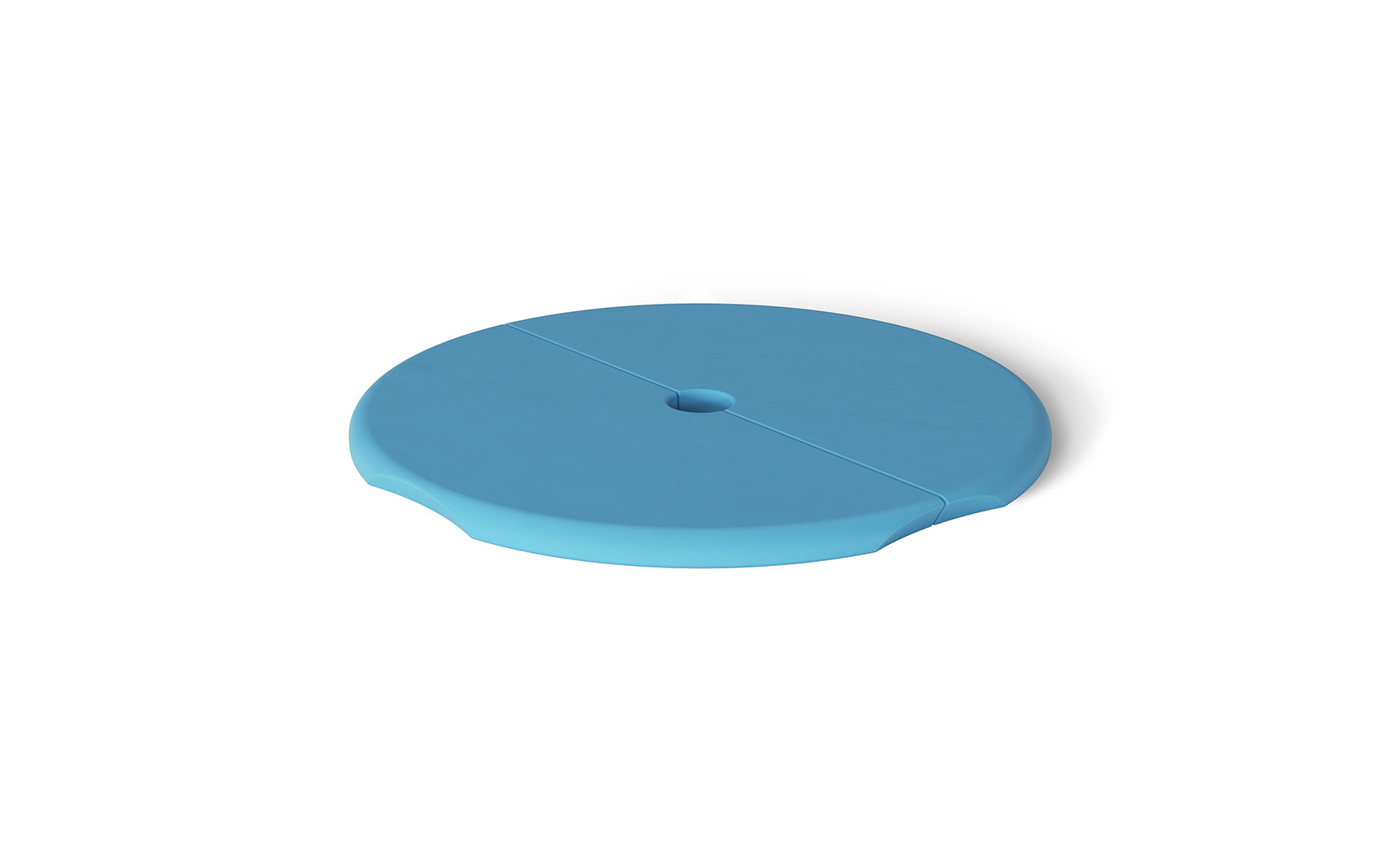 The Ledge Lounger Signature Side Table Lid with Umbrella Hole is a round, blue cover featuring a central hole and a groove across its diameter, set against a white background.