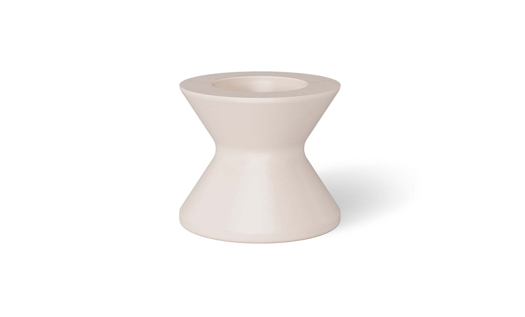 A white, hourglass-shaped vase with a narrow center and wide opening elegantly sits on the Signature Tall Ice Bin Side Table by Ledge Lounger, its matte finish catching the light and casting a shadow to the right.