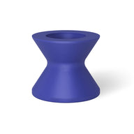 A blue, hourglass-shaped Signature Tall Ice Bin Side Table by Ledge Lounger, featuring a smooth surface and a circular indentation at the top, is shown against a plain white background.
