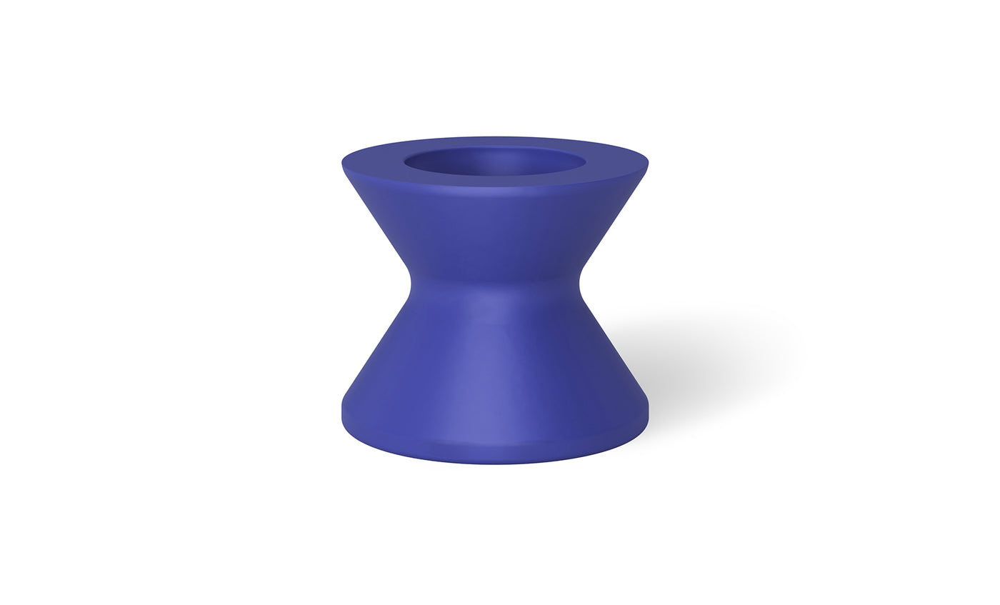 A blue, hourglass-shaped Signature Tall Ice Bin Side Table by Ledge Lounger, featuring a smooth surface and a circular indentation at the top, is shown against a plain white background.