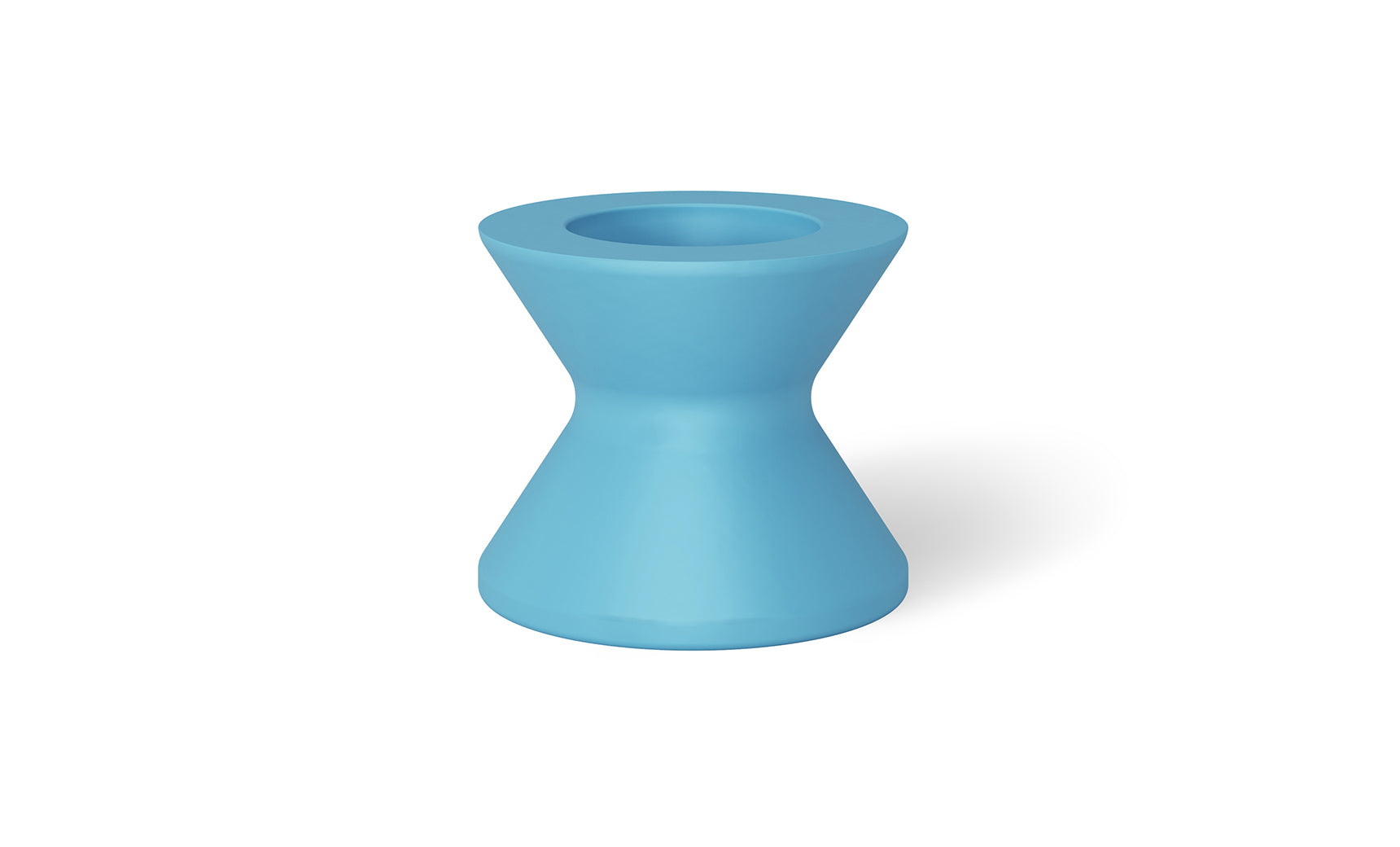 The Signature Tall Ice Bin Side Table by Ledge Lounger features a glossy blue, hourglass design with smooth surfaces on a white background. It serves as both a chic stool and stylish side table, ideal for modern spaces.