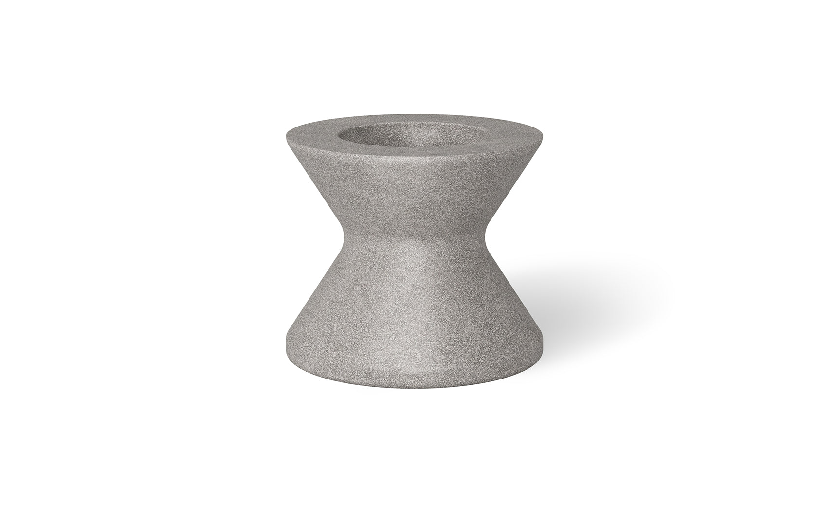 A gray, hourglass-shaped stone stool by Ledge Lounger is displayed on a plain white background. Similar to the Signature Tall Ice Bin Side Table, it has a textured surface with a circular top and bottom and an indented middle, ideal for enhancing your outdoor decor.