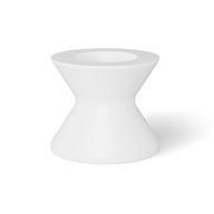 The Signature Tall Ice Bin Side Table by Ledge Lounger is a white, hourglass-shaped stool with a circular top and bottom that doubles as an ice bin side table. Its sleek, modern design features a smooth glossy finish, casting a faint shadow on the white background.