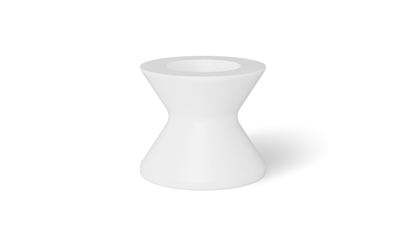 The Signature Tall Ice Bin Side Table by Ledge Lounger features a sleek, minimalist hourglass shape with a wider base and top, and a smooth surface. Ideal for poolside relaxation, this modern white stool doubles as an ice bin side table, standing elegantly on a white background.