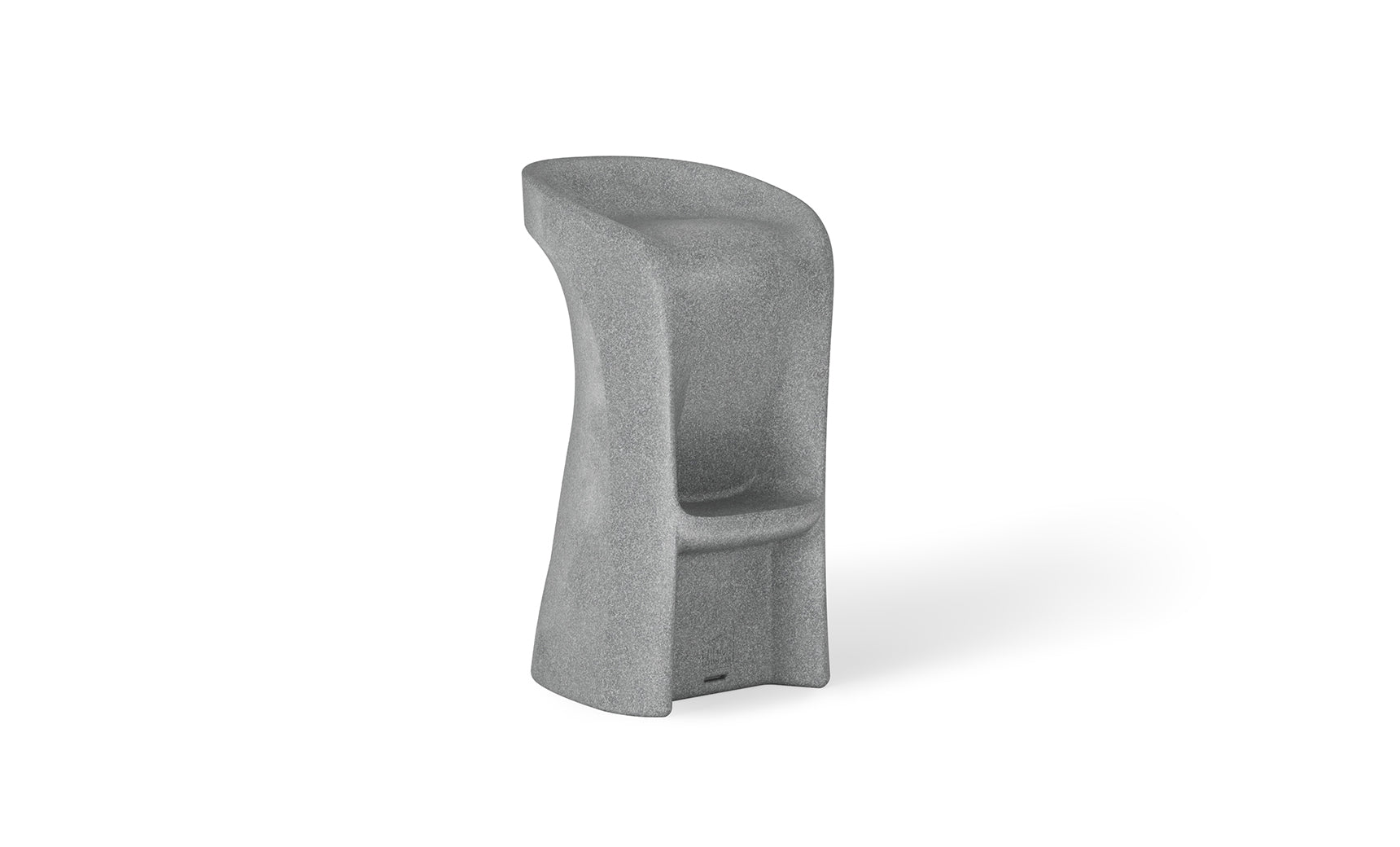 Introducing the Signature Barstool Bar Height by Ledge Lounger: a modern minimalist gray stool with a high backrest, cylindrical form, and stone-like texture. Its widened base and integrated footrest ensure support, while the curved seat is perfect for poolside seating during outdoor entertaining.