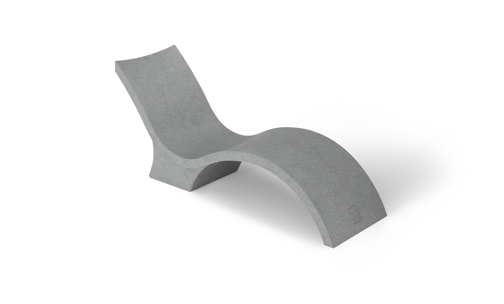 The Signature Chaise Deep by Ledge Lounger is a minimalist grey lounge chair with a wavy, modern design like a chaise lounge, featuring smooth surfaces and continuous curves for a sleek look. Its shown against a plain white background.