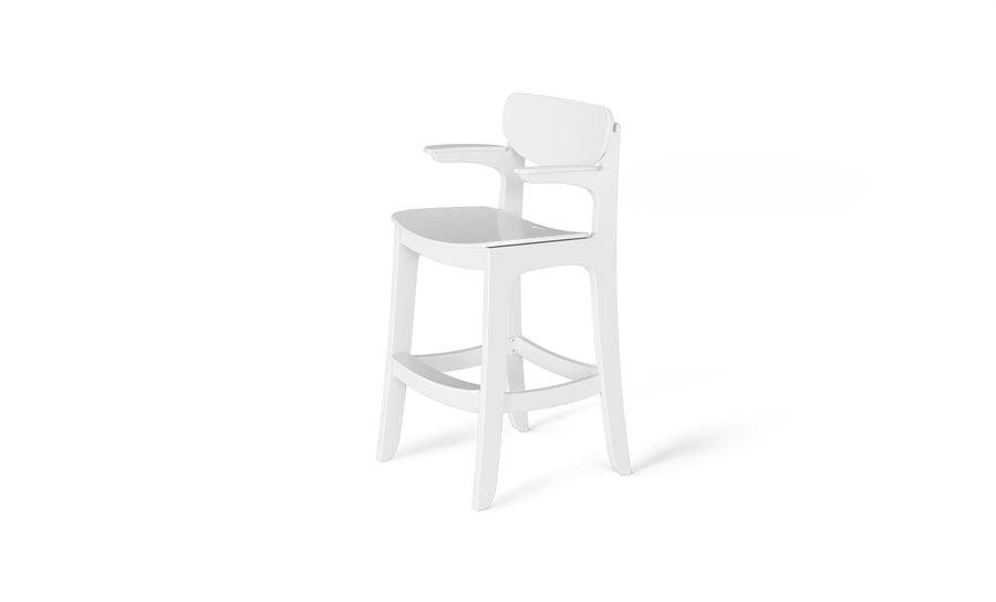 The Haven Hightop Chair by Ledge Lounger is a modern white bar stool featuring a curved backrest and footrest, with sleek lines and a minimalist design for ergonomic comfort. Its smooth finish complements any setting, perfect for indoor elegance and all-weather functionality.