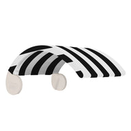 The Signature Chair Shade by Ledge Lounger features a black and white striped canopy with light beige clips, designed for effortless attachment to your Signature Chair, offering ideal shade as you relax.