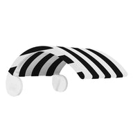 The Signature Chair Shade by Ledge Lounger is a sleek, black-and-white visor-like object with bold diagonal stripes. Its modern design features a curved shape and two circular attachments.