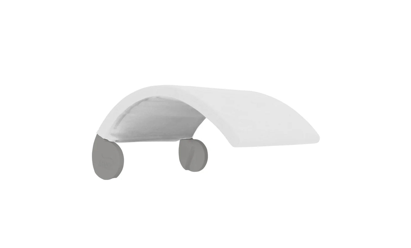 The Signature Chair Shade by Ledge Lounger is a minimalist, modern light fixture with a curved white shade and two circular gray base elements, offering sleek elegance ideal for enhancing any home or office space.