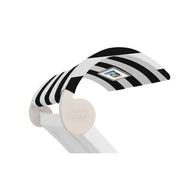 This digital shower head flaunts a sleek, modern design with a black and white striped cover. Its LED screen displays temperature info, adding luxury similar to the Signature Chaise Shade by Ledge Lounger. The base says LEDGE.