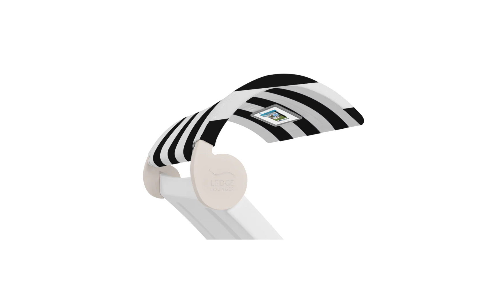 This digital shower head flaunts a sleek, modern design with a black and white striped cover. Its LED screen displays temperature info, adding luxury similar to the Signature Chaise Shade by Ledge Lounger. The base says LEDGE.