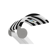 The Signature Chaise Shade by Ledge Lounger is a modern lamp with a flexible neck and black and white stripes. It features a sleek, white base with an on/off switch conveniently located on the shade.