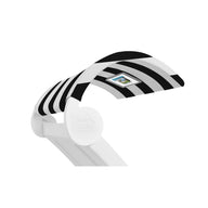 A modern, sleek desk lamp featuring a Signature Chaise Shade with black and white stripes and a small rectangular media viewing window on top. The base has Ledge Lounger in light gray letters on a plain white background.