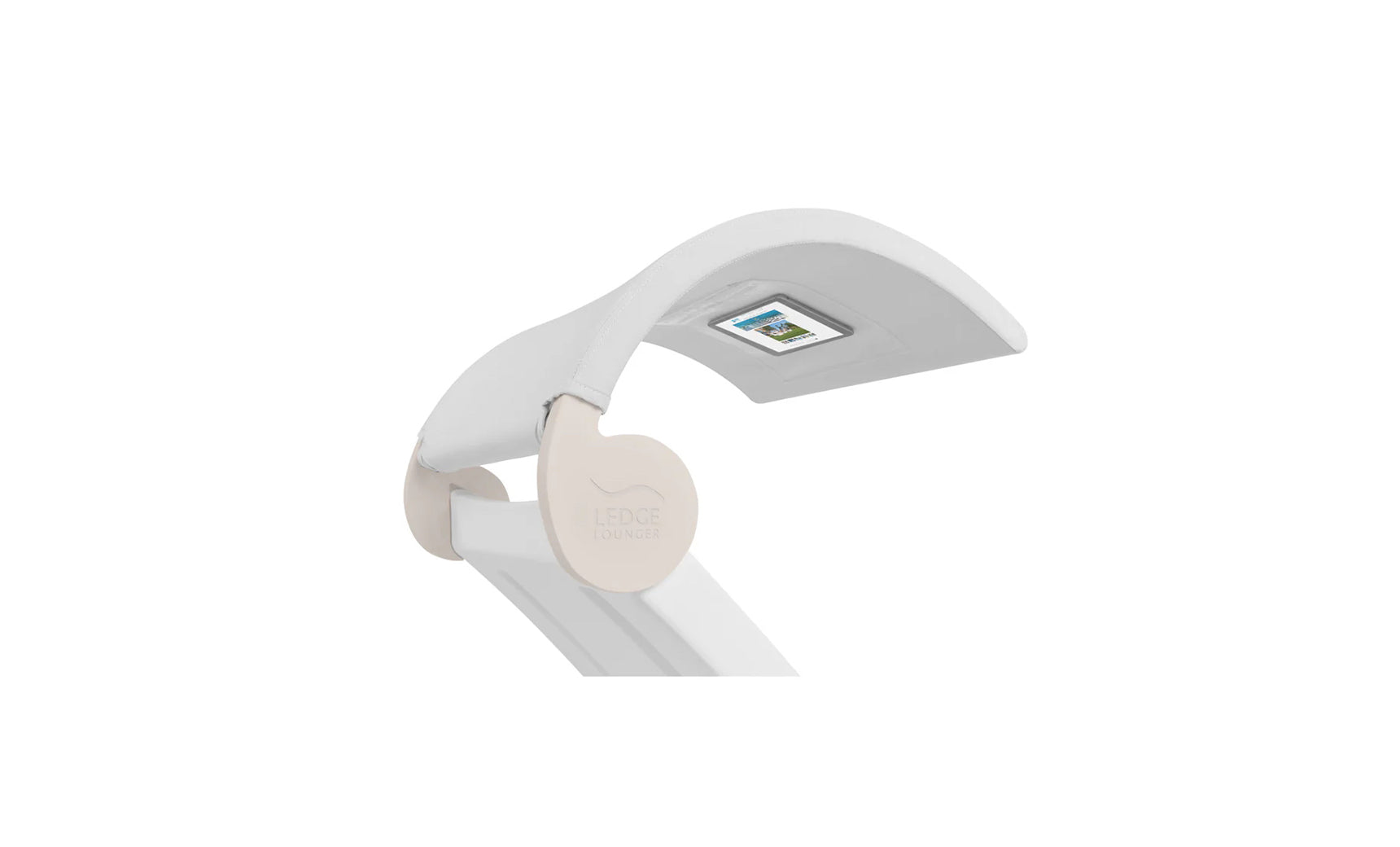 The Signature Chaise Shade by Ledge Lounger is a sleek, modern white LED desk lamp with an adjustable arm and curved head. Its visible light panel and circular hinge base stand out elegantly against a plain white background.