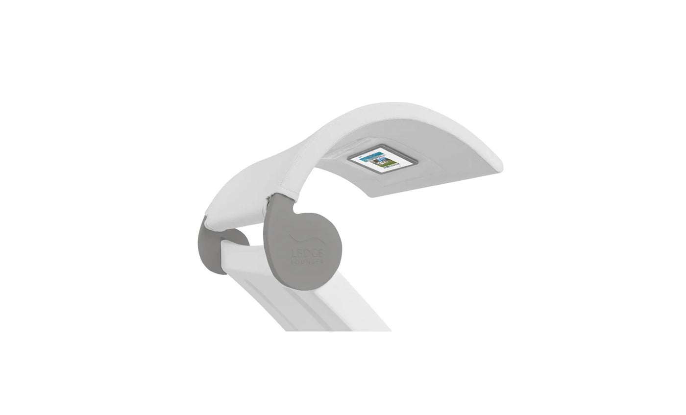 A close-up of the Signature Chaise Shade by Ledge Lounger showcases a sleek, modern white lamp with a flexible curved arm, perfect for media viewing. The head features an LED display, and the gray-accented joints display LEDX Expert in small text.