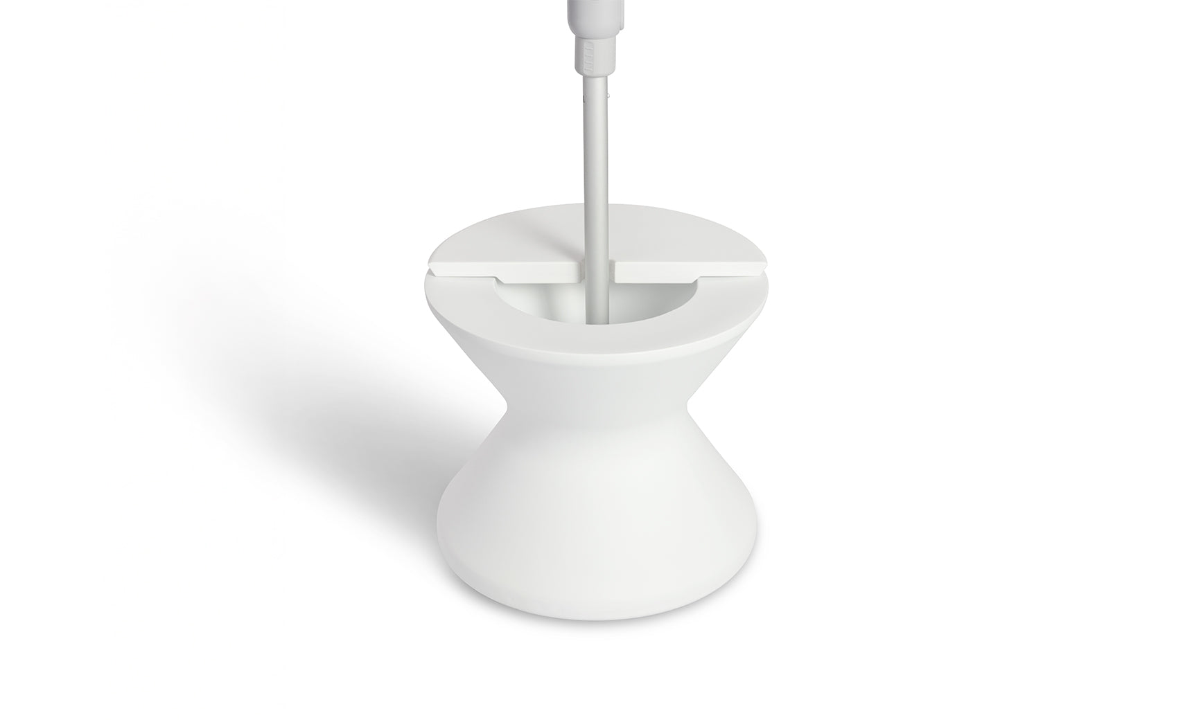 The Signature Tall Ice Bin Side Table by Ledge Lounger has a sleek, modern white design resembling an umbrella base. Its minimalist look features a smooth finish, while its hourglass shape adds elegance against a plain white background.