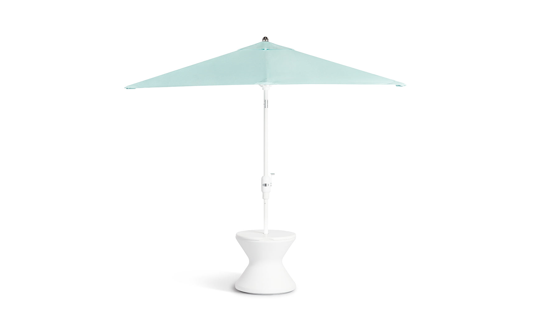 The open Signature Tall Ice Bin Side Table by Ledge Lounger showcases a light blue patio umbrella with a sturdy white stand and rounded, hourglass-shaped base that doubles as an ice bin side table. Set against a plain white background, the lid is designed to be removable.