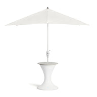 The Ledge Lounger Autograph Umbrella Stand Ice Bin boasts a tall, sleek white design with a round, hourglass-shaped base for stability. It features a minimalist central pole and triangular canopy, perfect for enhancing the modern aesthetic of your outdoor relaxation area.