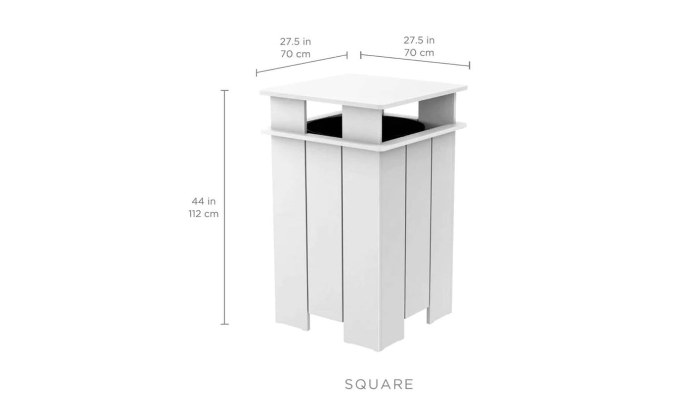 The Ledge Lounger Mainstay Trash Bin is a white, square outdoor waste receptacle ideal for patios. It features a flat top and vertical paneling, measuring 44 (112 cm) in height and 27.5 (70 cm) in width/depth, with a minimalistic design crafted from UV-stable materials.