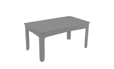 The Mainstay Rectangular Dining Table by Ledge Lounger is a gray, sleek outdoor table with a slatted top, four sturdy legs, and a central hole for an umbrella. Its minimalist design enhances any garden or patio.