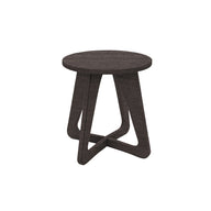 The Ledge Lounger Mainstay Stool boasts a dark wooden seat and a unique intertwined triangular base, making it an ideal patio piece to elevate any outdoor setting.