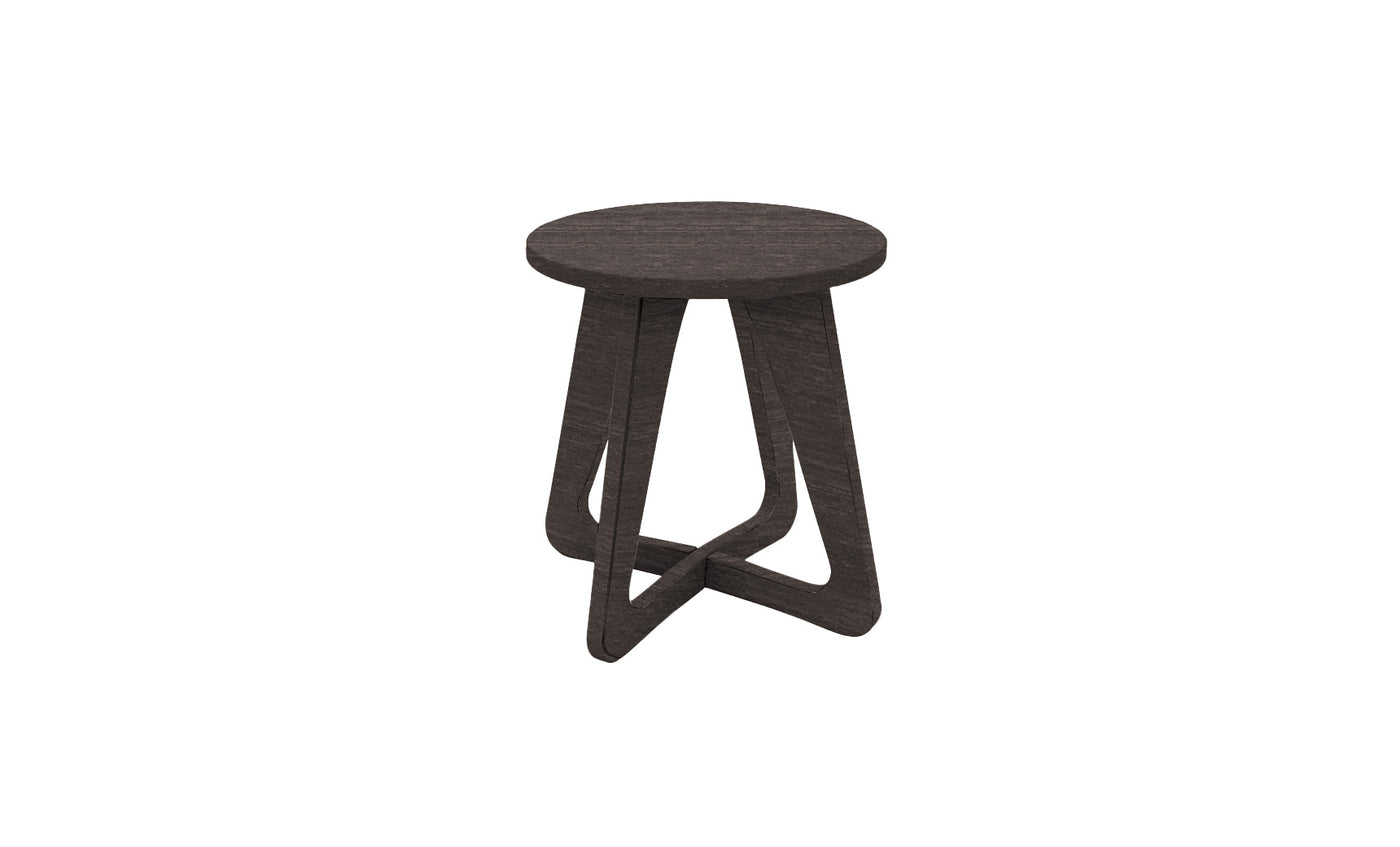 The Ledge Lounger Mainstay Stool boasts a dark wooden seat and a unique intertwined triangular base, making it an ideal patio piece to elevate any outdoor setting.