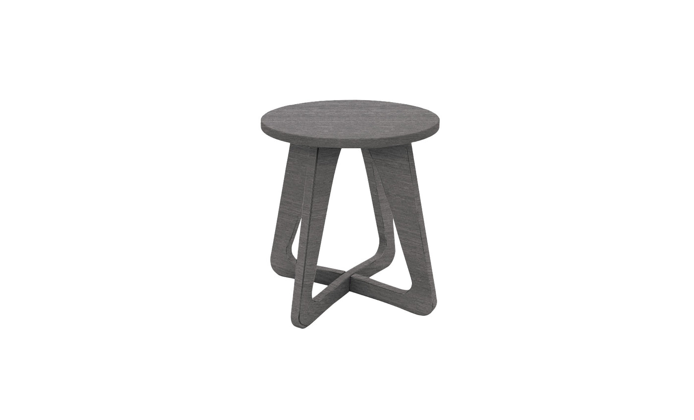 Introducing the Mainstay Stool by Ledge Lounger: a sleek grey wooden stool with a round seat and modern geometric base featuring triangular leg designs. Ideal for patios, it seamlessly enhances any outdoor space with its contemporary style.