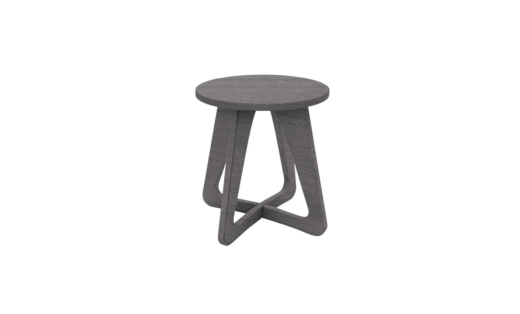 Introducing the Mainstay Stool by Ledge Lounger: a sleek grey wooden stool with a round seat and modern geometric base featuring triangular leg designs. Ideal for patios, it seamlessly enhances any outdoor space with its contemporary style.