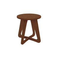 The Ledge Lounger Mainstay Stool, featuring a round seat and three intersecting curved legs in a minimalist design, has a smooth finish and is set against a plain white background, perfect for enhancing any outdoor space.