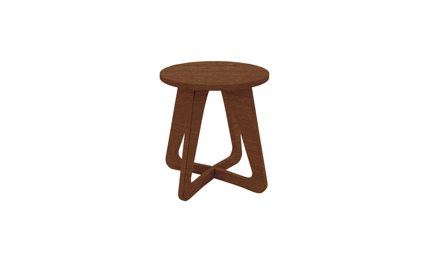 The Ledge Lounger Mainstay Stool, featuring a round seat and three intersecting curved legs in a minimalist design, has a smooth finish and is set against a plain white background, perfect for enhancing any outdoor space.