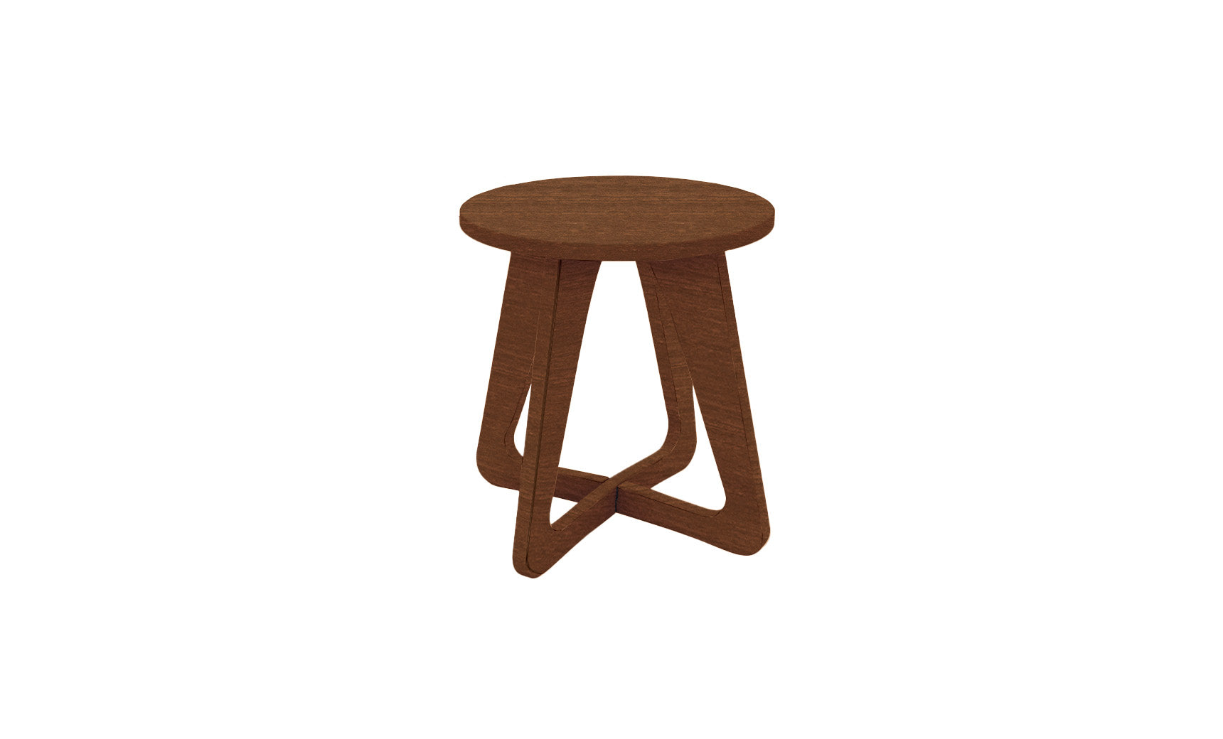 The Ledge Lounger Mainstay Stool, featuring a round seat and three intersecting curved legs in a minimalist design, has a smooth finish and is set against a plain white background, perfect for enhancing any outdoor space.